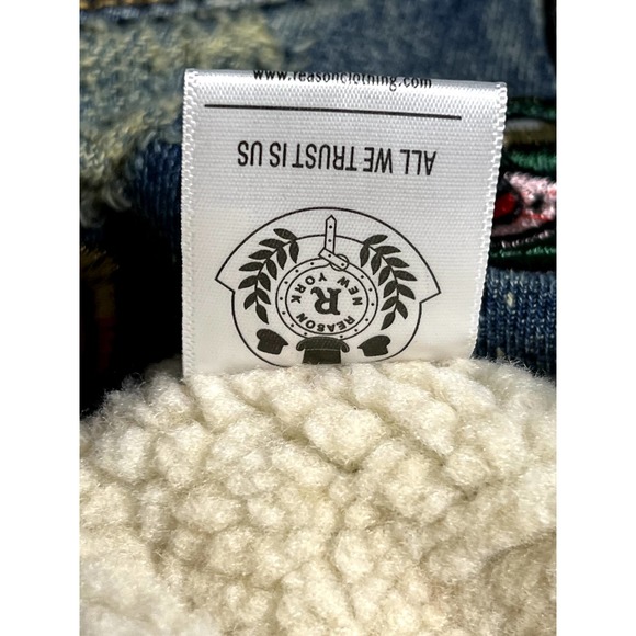 Reason Denim "Death Before Dishonor" Sherpa Trucker Button Jacket Distressed L - Picture 5 of 7